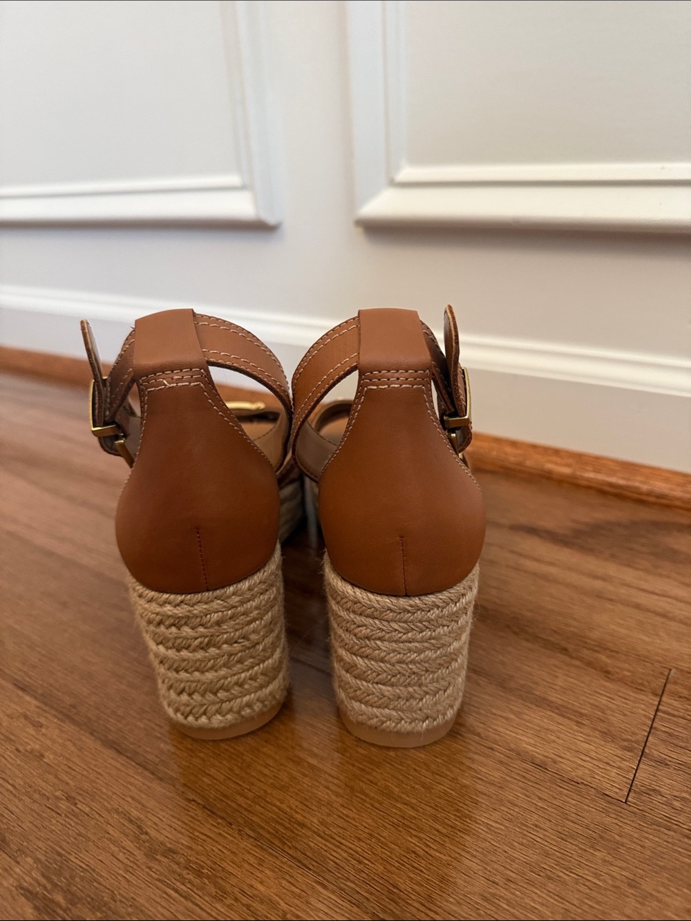 Brunch or Church Go To Wedges Vince Camuto Tan Wedge Sandals with Gold Accents - Picture 4 of 7